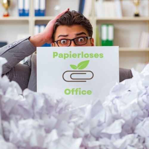 Papierloses Office ein Büromitarbeiter mit massen an papier