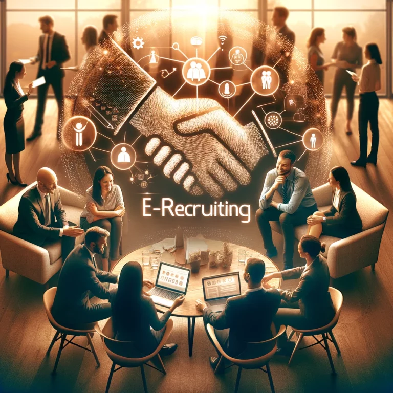 Diverse Gruppe von Menschen bei einer professionellen Zusammenkunft, symbolisiert menschenzentriertes E-Recruiting durch Handshakes und Diskussionen.