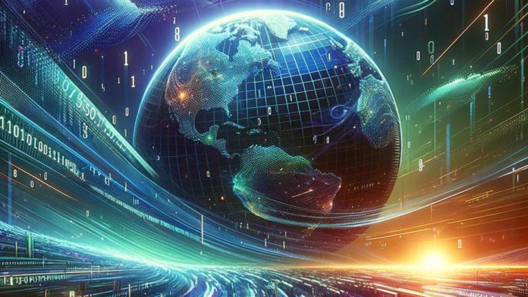 Digitale Weltkugel umgeben von Binärcode und abstrakten Datenmustern, symbolisiert die Revolution durch synthetische Daten in Datenschutz und Innovation.
