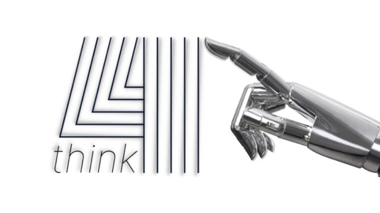 Roboterhand berührt ein abstraktes Logo mit dem Wort „think“ – Symbol für künstliche Intelligenz und Technologie.