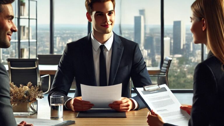 Modernes Vorstellungsgespräch in einem Büro mit Blick auf die Skyline – digitales Recruitment mit KI-gestützter Personalgewinnung.