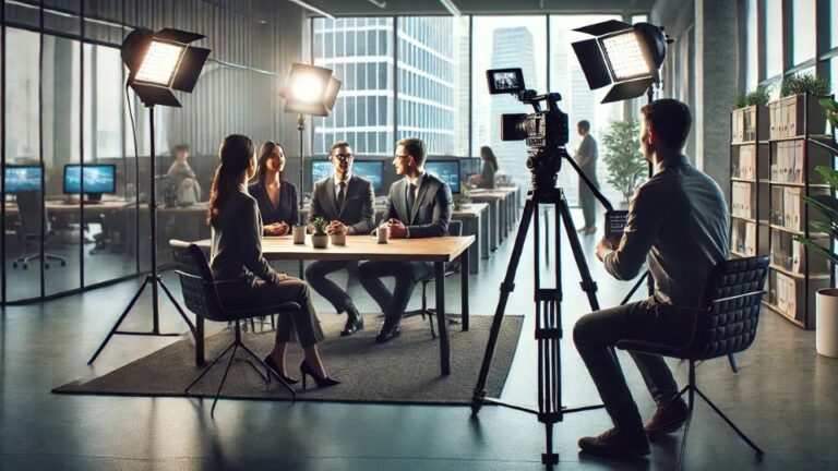 Professionelle Videoproduktion für Employer Branding – Ein Filmteam nimmt authentische Arbeitgebervideos in einem modernen Büro auf.