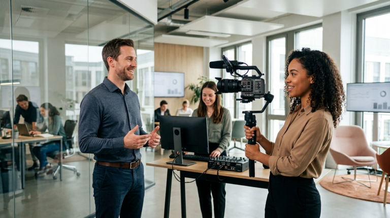 Professionelle Videoproduktion für Employer Branding – Ein Filmteam nimmt authentische Arbeitgebervideos in einem modernen Büro auf.