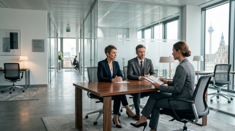 Modernes Vorstellungsgespräch in einem Büro mit Blick auf die Skyline – digitales Recruitment mit KI-gestützter Personalgewinnung.
